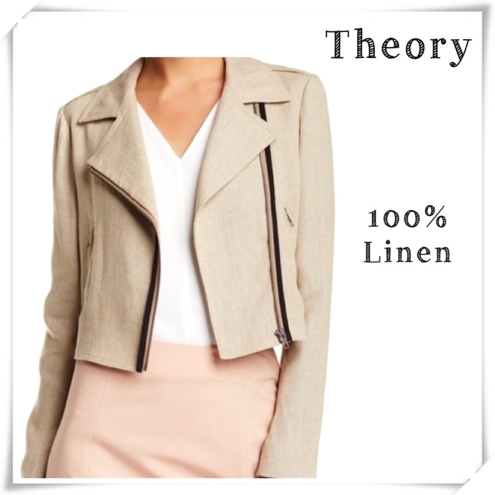 THEORY 100% Linen Mono Biker Jacket in Natural Beige Size M